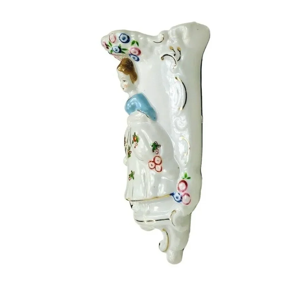 VTG 40s Hand Painted  Porcelain Victorian Lady & Flowers Pocket Wall Vase Japan